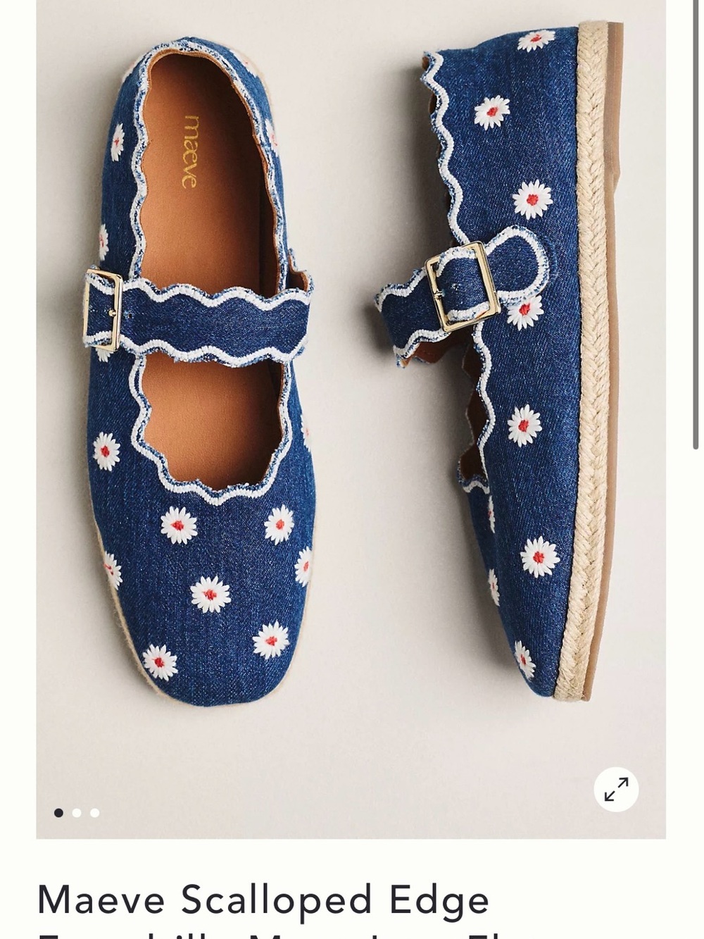 Anthropologie Denim-Look Scalloped Mary Janes with Daisy Embroidery - Blue